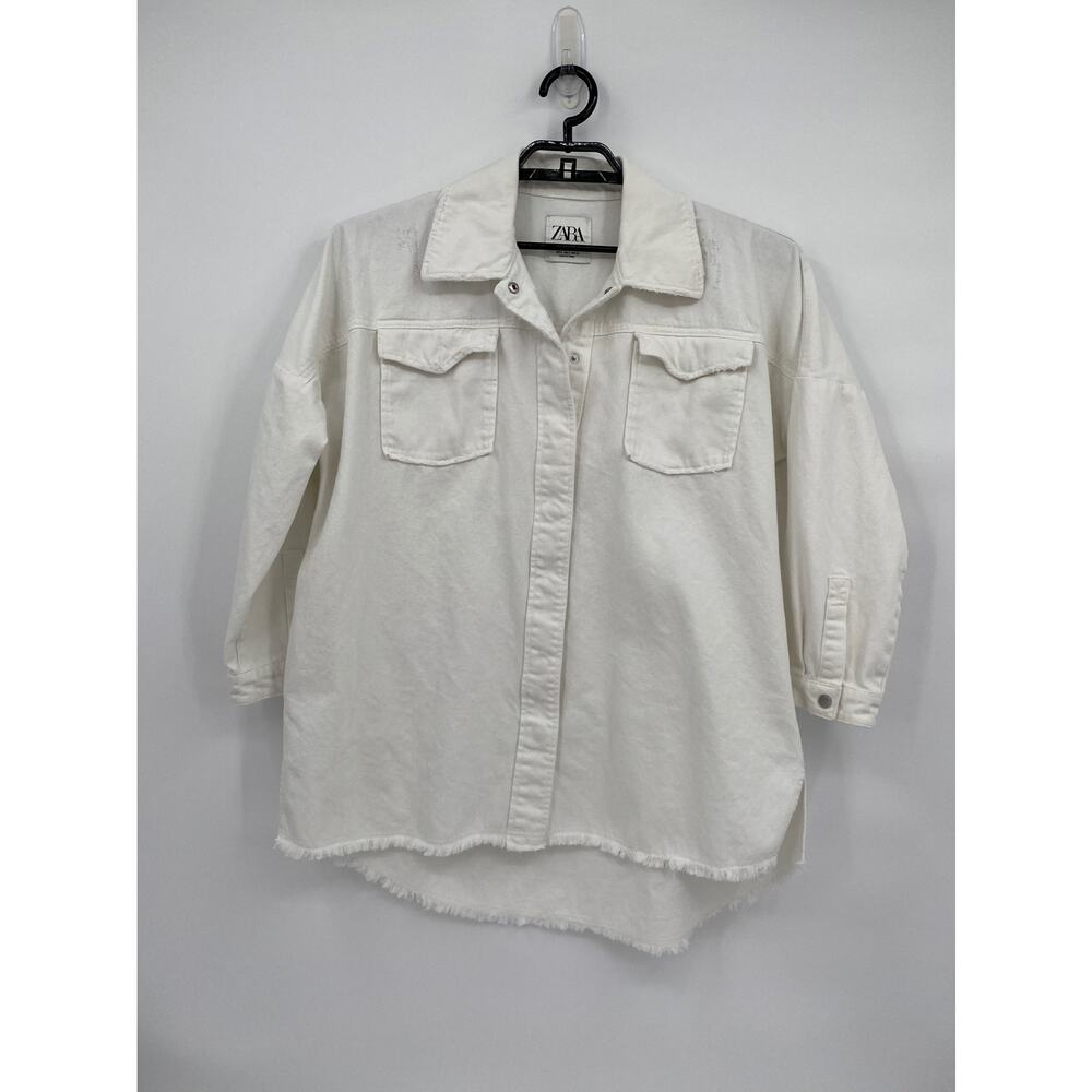 ZARA White Jacket Hi-Low Raw Hem Long Sleeve Button Front Small